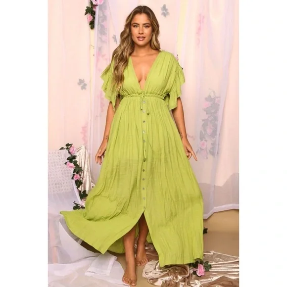 Peach Love Lime Green Deep V Button Front Maxi Dress - Picture 4 of 5